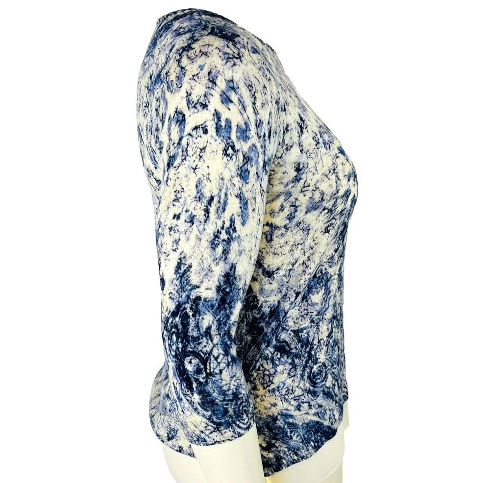 Chico's Sweater Tunic Womens S Blue Cream Abstract Roccoco Animal Print 3/4 Slve